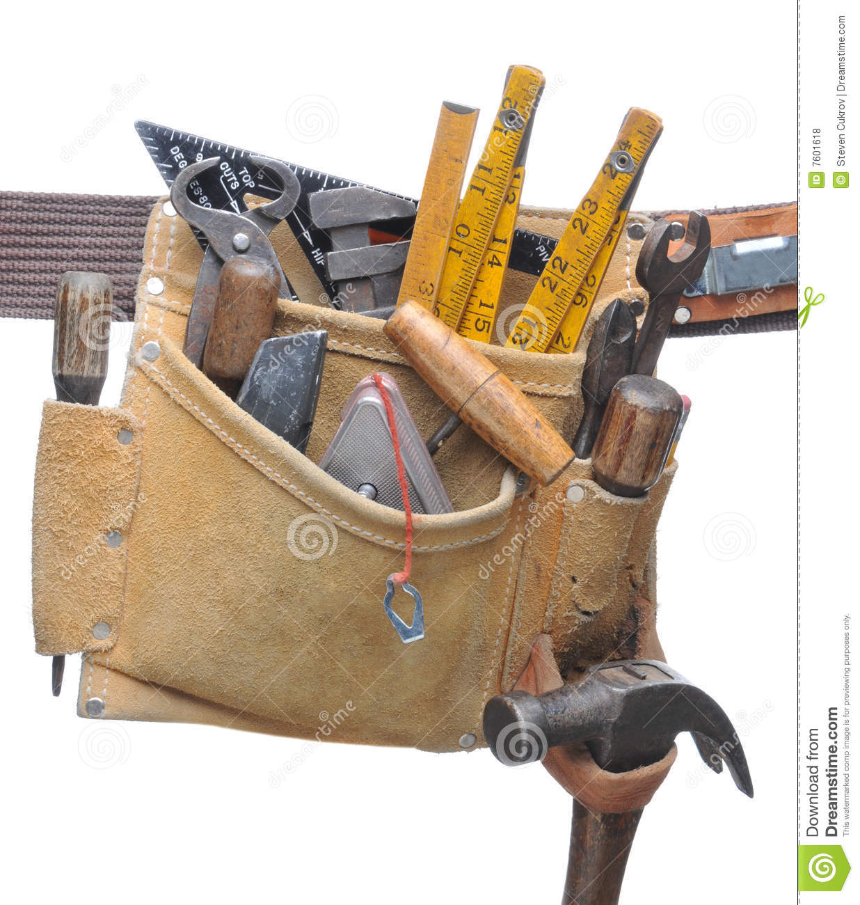 Tool Belt Stuffed With Assorted Hand Tools Isolated Over White