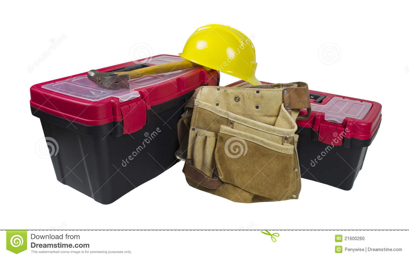 Toolboxes And Hammer With Leather Tool Belt And Hard Hat   Path    
