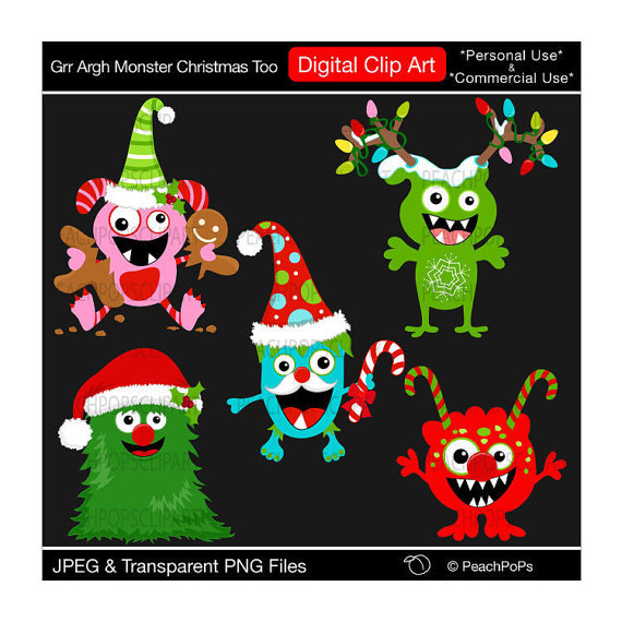 Christmas Clip Art Cute Monster Digital Clipart Xmas   Grr Argh