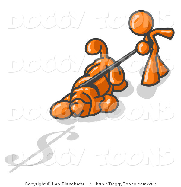 Clipart Of An Orange Person Walking A Dog That Is Pulling On A Leash    