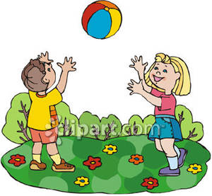 Boy And Girl Playing With A Beach Ball   Royalty Free Clipart