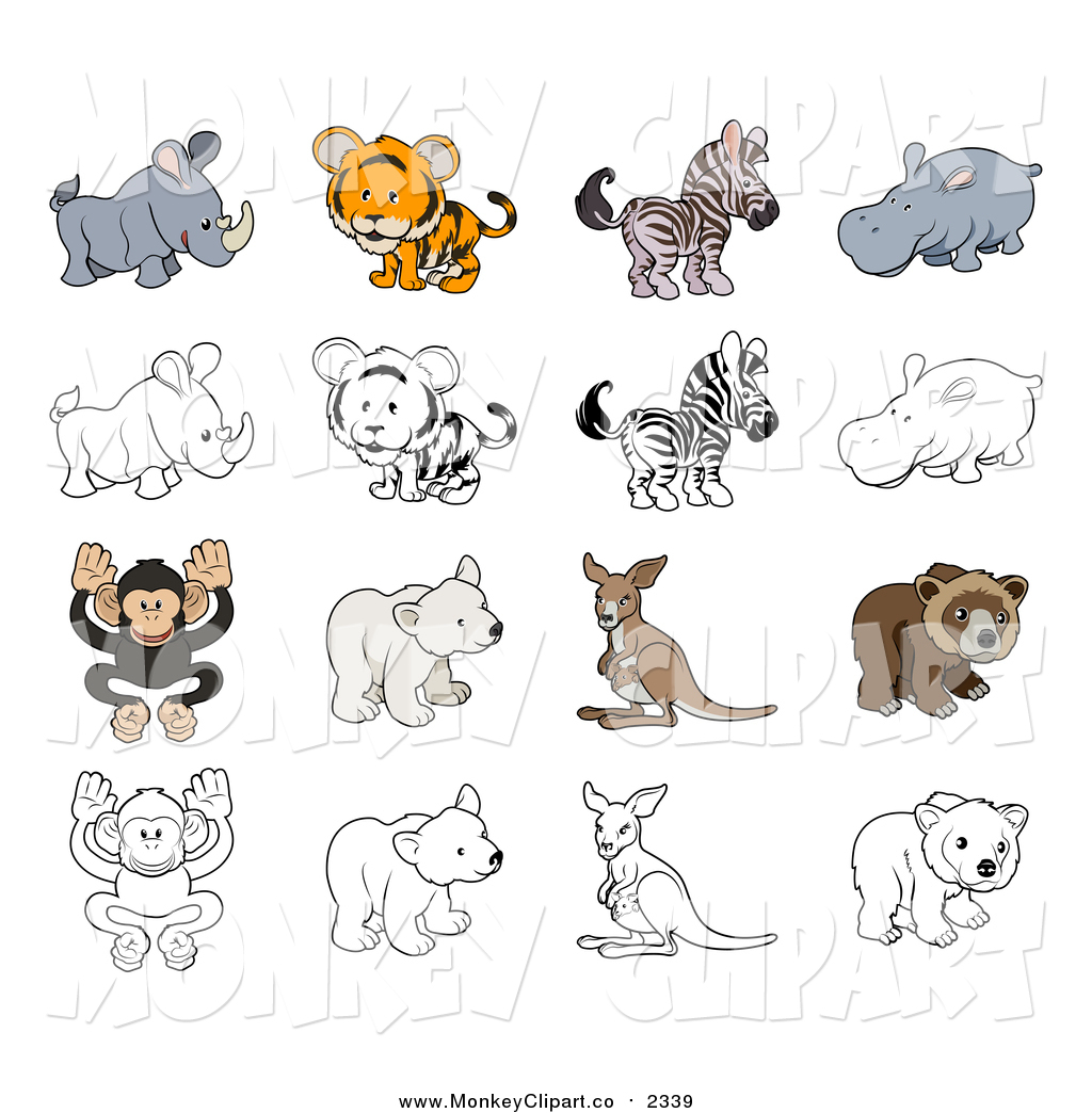 Clip Art Of Cute Wild Animals In Color And Black And White