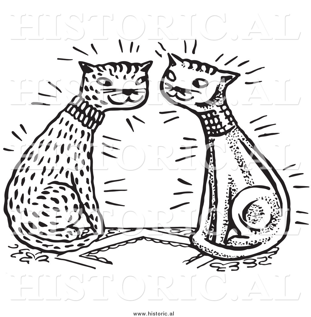 Clipart Of Happy Cats Falling In Love   Black And White Retro Drawing    