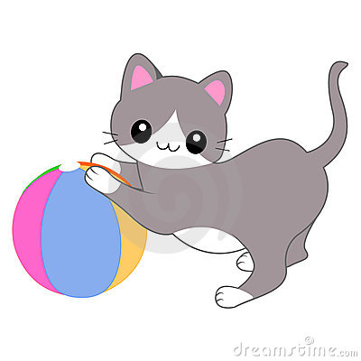 Cute Little Cat Playing With A Colorful Beach Ball Isolated On White    