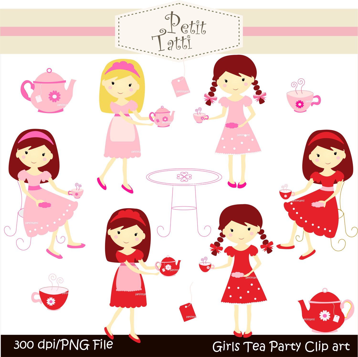 Digital Clip Art For All Usetea Party Girls Pink  Instant Download