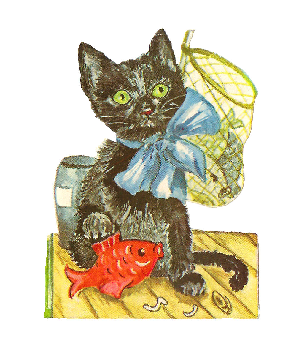 Graphic  Antique Black Cat Clip Art Victorian Scrap With Red Fish