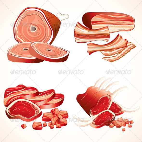 Meat Products  Set Of Vector Illustration Of Ham Gammon Bacon Raw