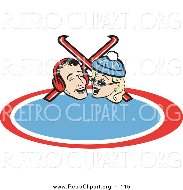Retro Clipart Of A Cute And Happy Laughing Couple With Skis Retro By