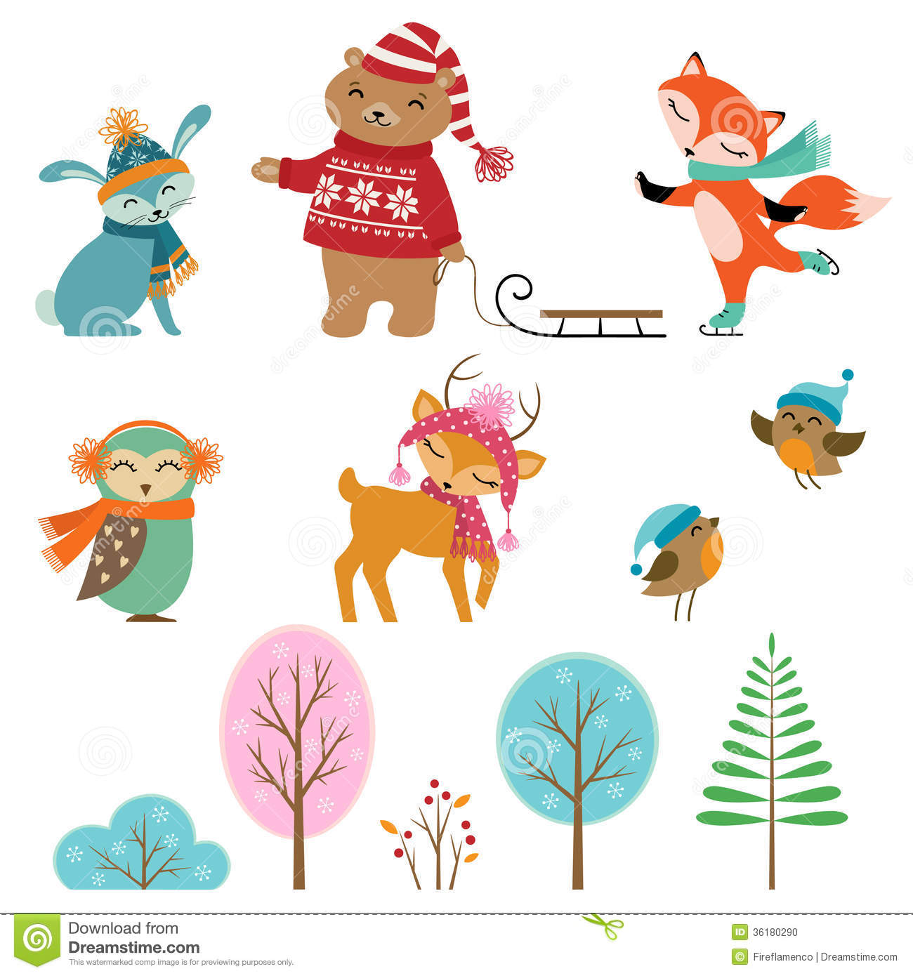 Set Of Cute Winter Animals And Trees For Your Design 