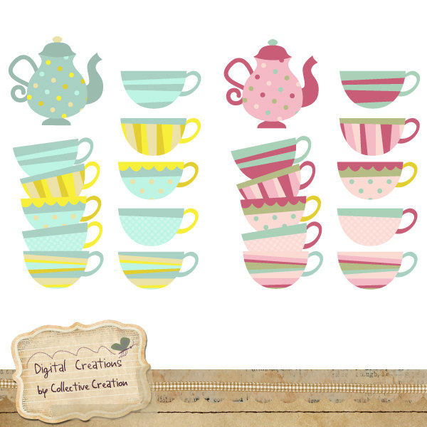 Tea Party Digital Clipart Set   Teacups And Teapots   Personal And