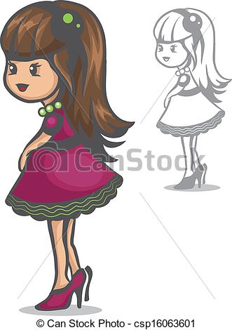 Vector Clipart Of Little Fashionista   Vector Color And Black And    