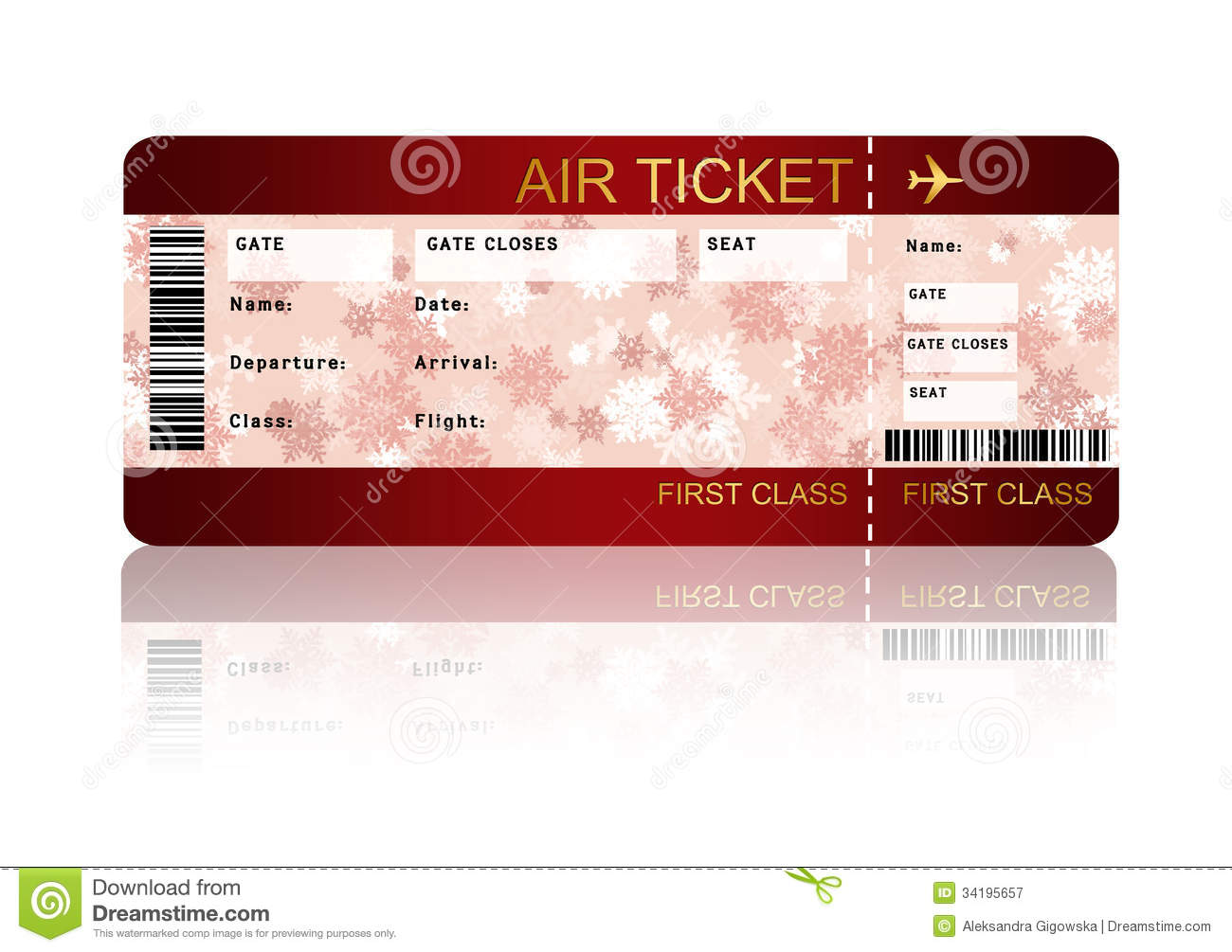 Christmas Airline Boarding Pass Ticket With Shadow Isolated Over White