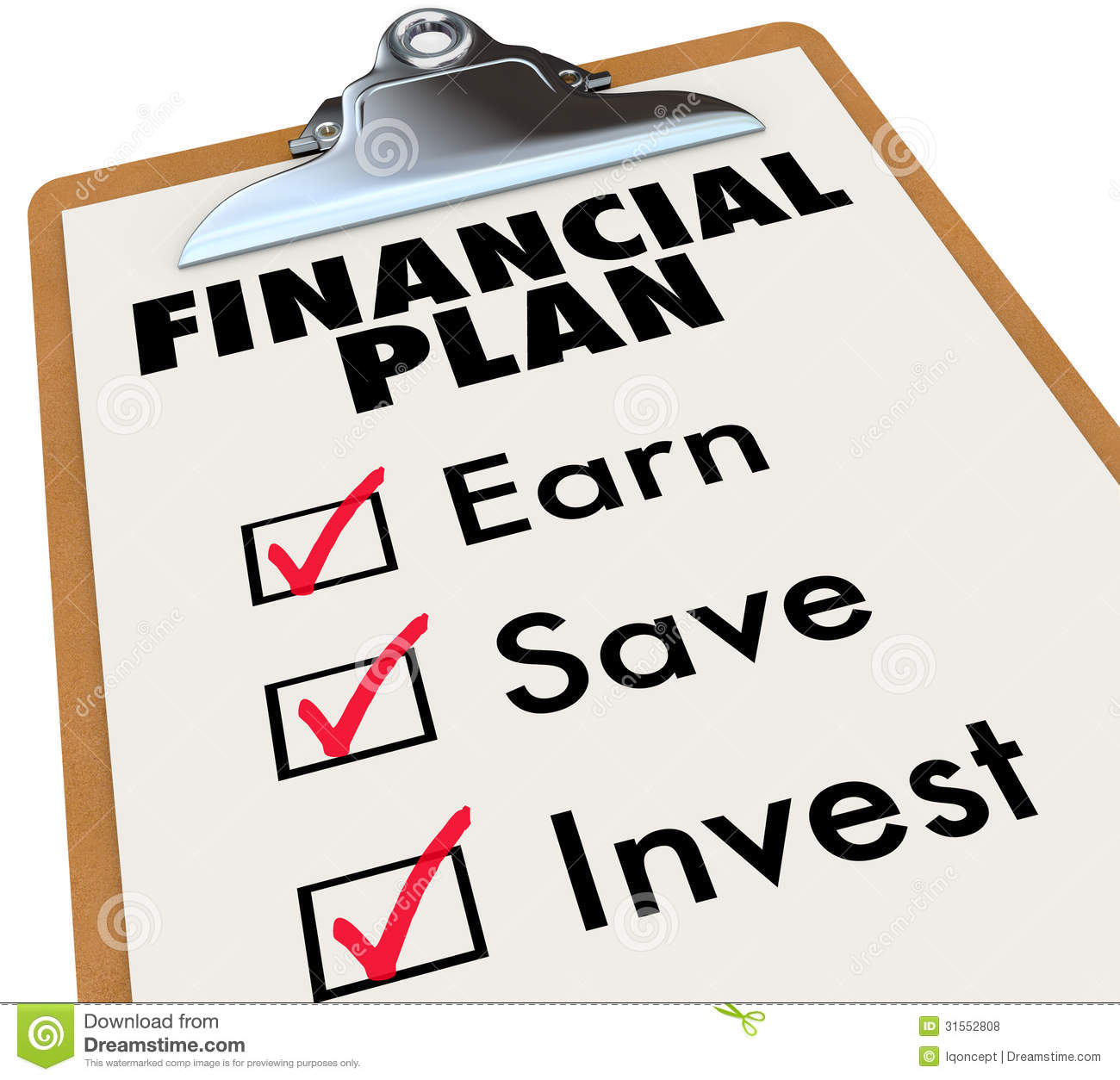Financial Plan Clipboard Money Saving Strategy Steps Royalty Free    