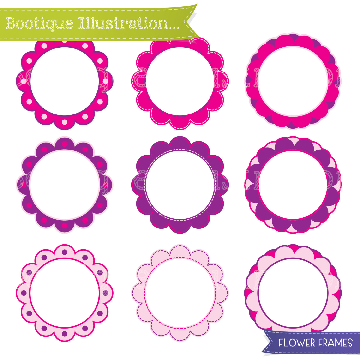 Pink Flowers Clipart Set  Pink And Purple Digital Flowers Vector Clip