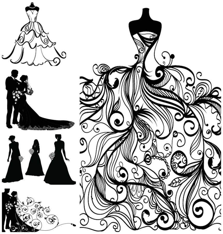 Bride And Groom Silhouettes Stylized With Ornaments For Your Wedding