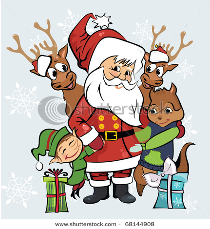 Clipart Illustration Of Santa Claus And His Helpers Including Reindeer