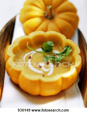 Stock Photograph Of Pumpkin Soup With Sour Cream And Coriander Served