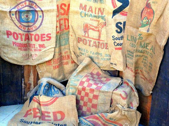 Vintage Burlap Bags Large Sized Colored Graphics Lot Of 10 Fabric