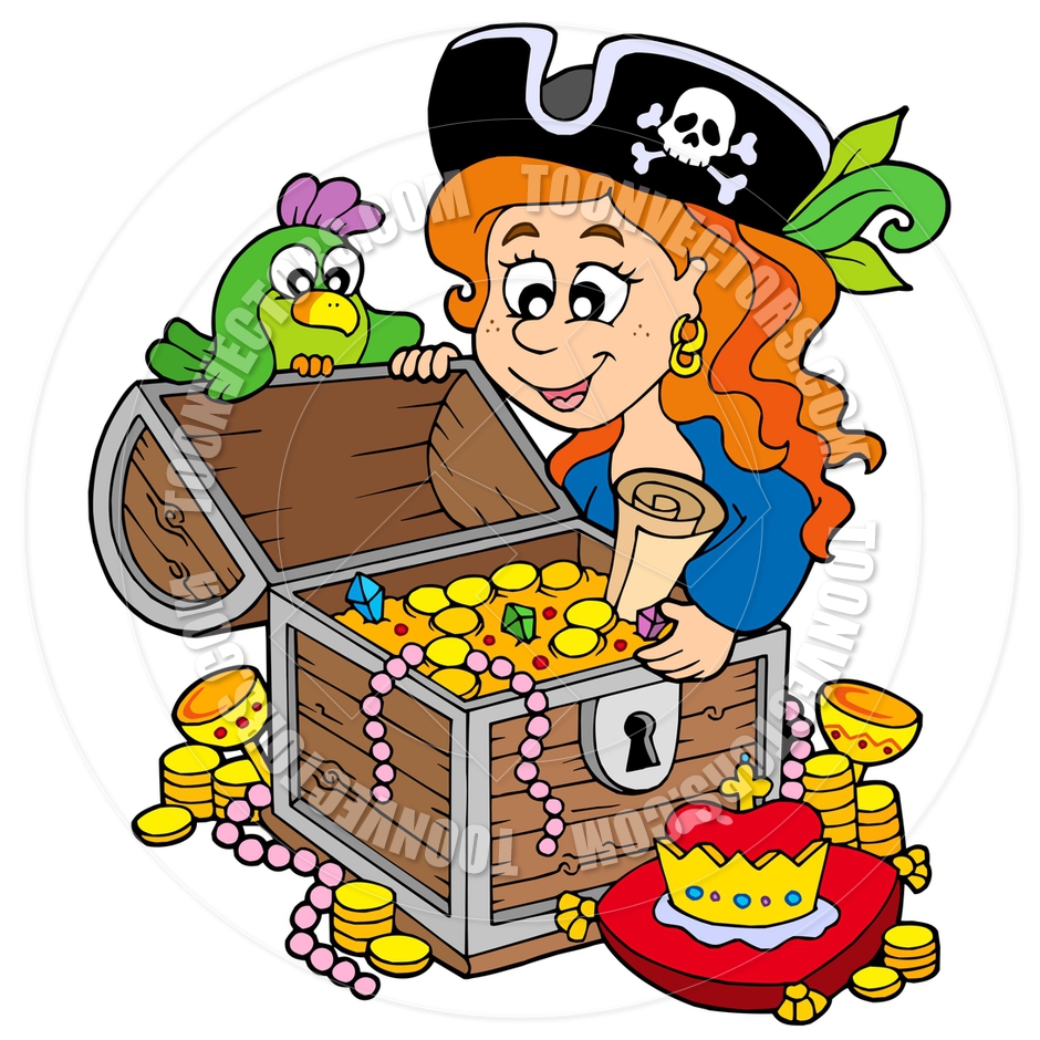 Cartoon Pirate Woman Opening Treasure Chest By Clairev   Toon Vectors