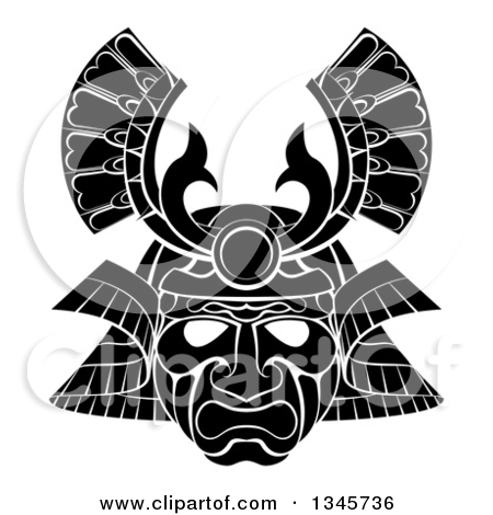 Clipart Of A Black And White Asian Samurai Mask   Royalty Free Vector