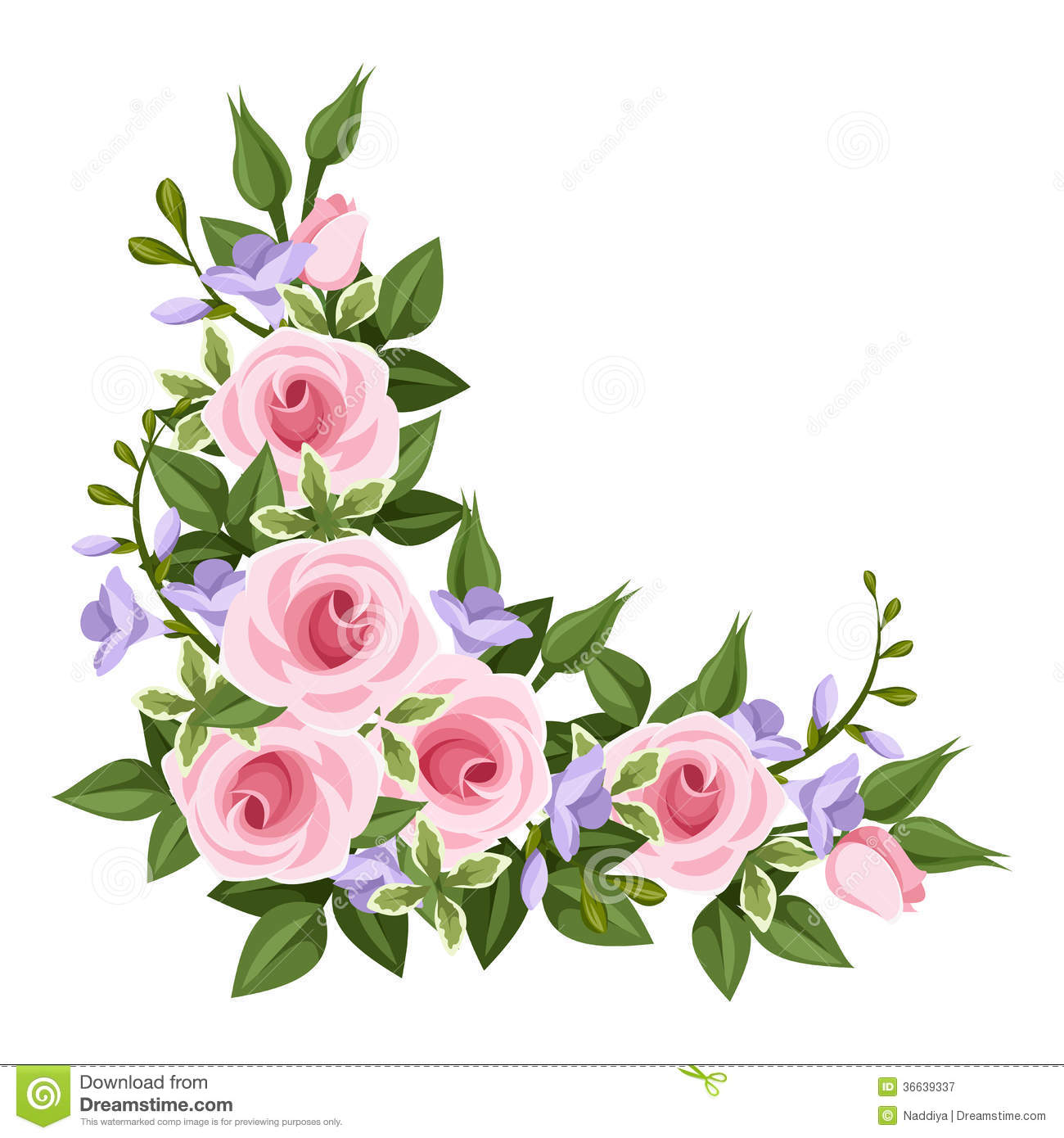 Corner With Pink Roses Purple Freesia And Leaves On A White