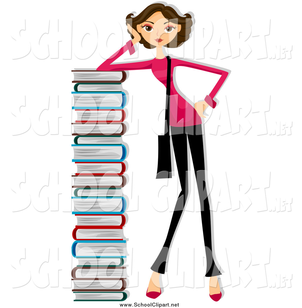 Larger Preview  Clip Art Of A Brunette Woman Leaning On A Tall Stack    