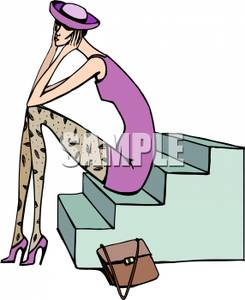 Tall Slender Fashionable Woman Sitting On Steps   Royalty Free Clipart    