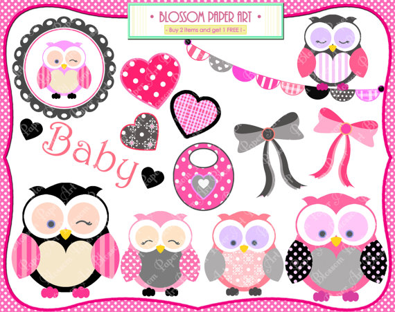 Baby Girl Owls Clipart   Baby Shower   Cardmaking   Invitations