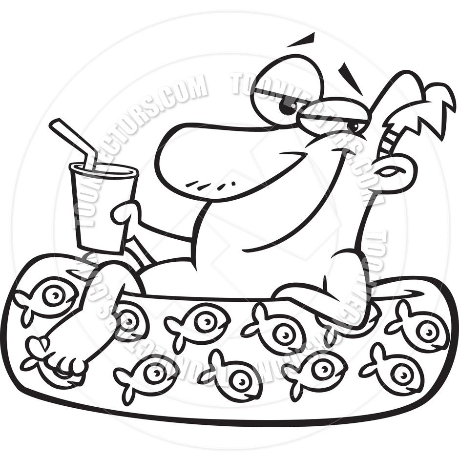 Cartoon Man Relaxing In Kiddie Pool  Black And White Line Art  By Ron