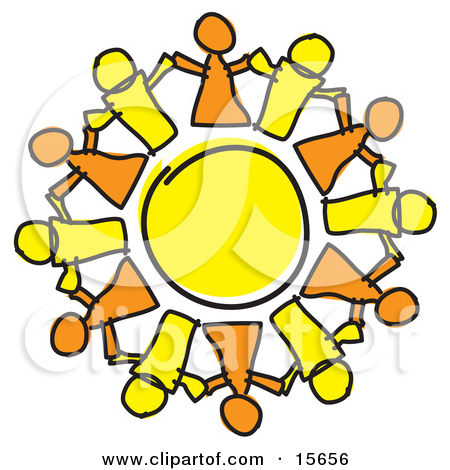 Circle Of Orange And Yellow People Holding Hands Symbolizing Teamwork