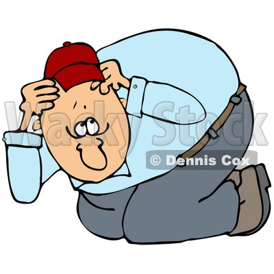Clipart Illustration Of A Nervous Man Taking Cover Crouching And