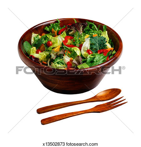 Green Salad In Wooden Bowl With Fork And Spoon View Large Photo Image