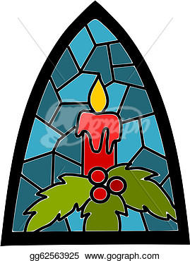 Candle On Blue Stained Glass Window For Christmas Time Stock Clipart