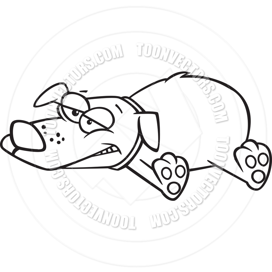 Cartoon Lazy Dog Lying Down  Black   White Line Art  By Ron Leishman    