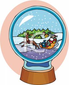 Cartoon Of A Water Globe Santa Riding In A Sleigh Being Pulled By A    