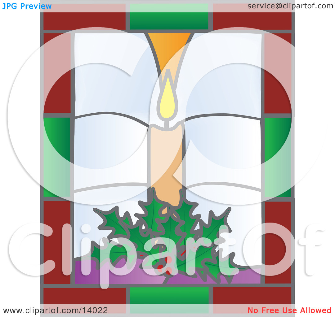Christmas Stained Glass Window Of A Lit Candle And Holly Clipart