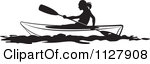 Clipart Of A Black And White Silhouetted Woman Kayaking Royalty Free    