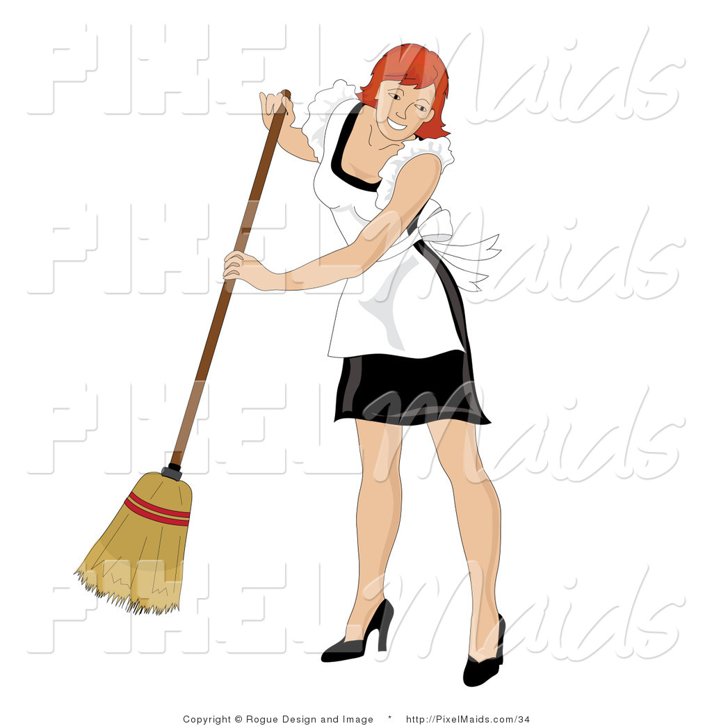Clipart Of A Maid With Red Hair Smiling And Sweeping By Pams Clipart