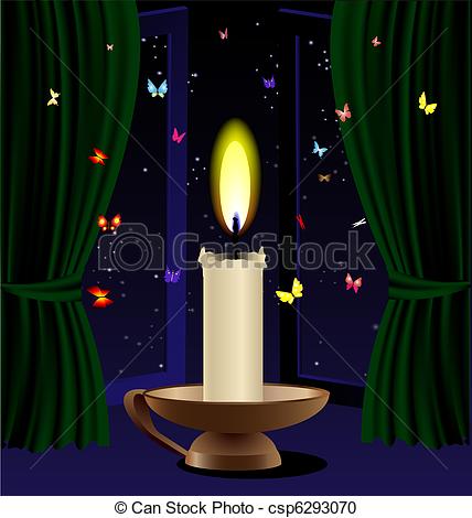 Vector Clipart Of Candle And Butterfly   Against The Open Window Of A