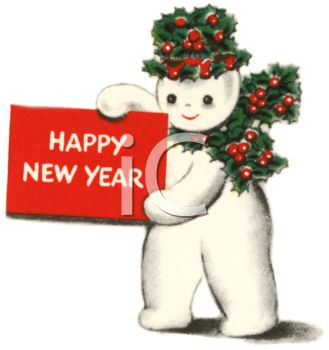 Vintage Illustration Of A Snowman With A Happy New Year Sign