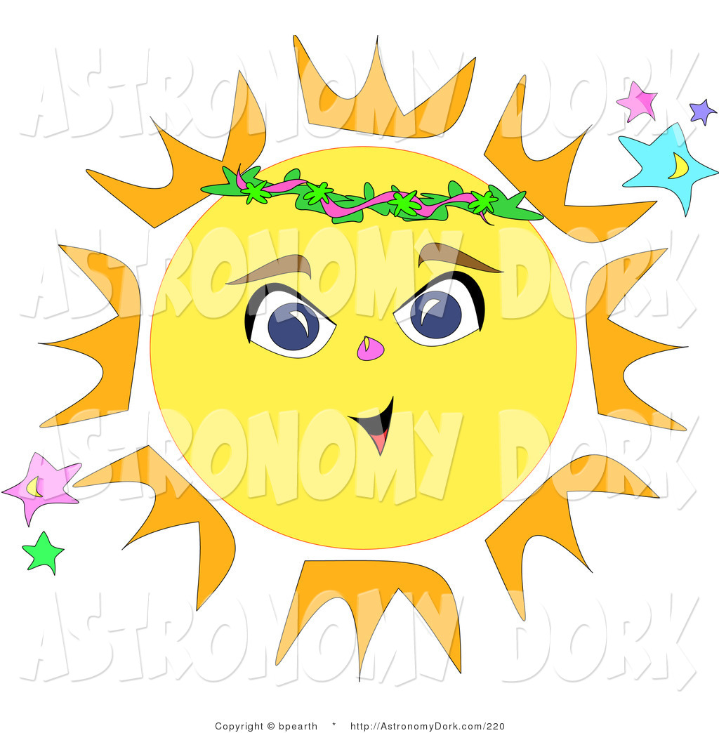 Clip Art Of A Bright Yellow And Orange Sun With A Face And Flowers By