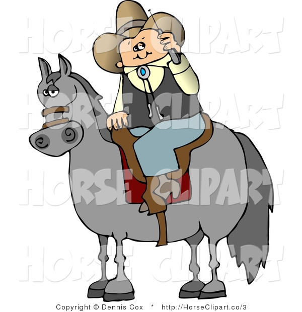 Clip Art Of A Cowboy Stopped On His Horse And Using A Cell Phone By