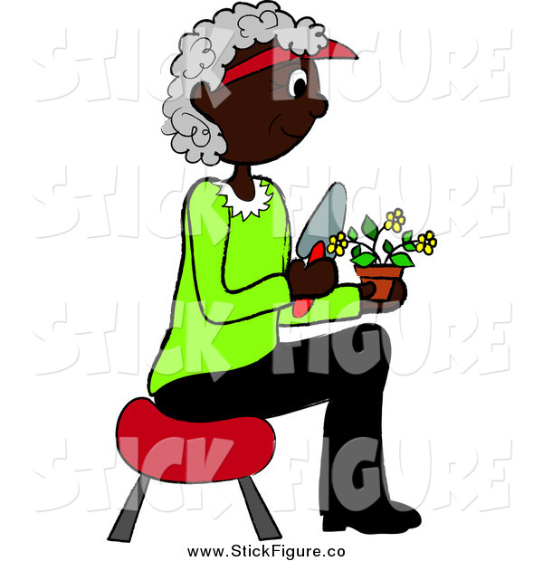Clip Art Of A Senior Black Woman Sitting On Stool And Gardening    