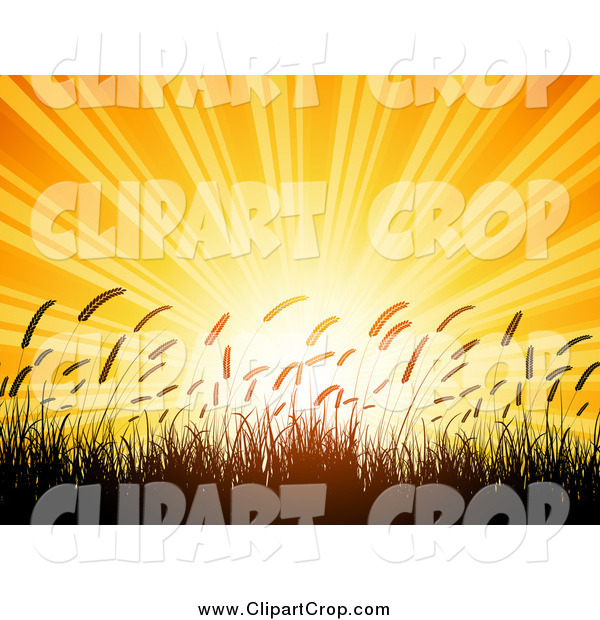 Clip Art Vector Of A Bright Orange Sunset Shining Over Silhouetted