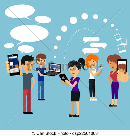 Clip Art Vector Of Young People Man And Woman Using Technology Gadget