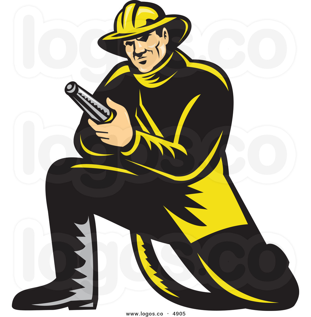 Fireman Clip Art Royalty Free Vector Of A Kneeling Fireman Holding A