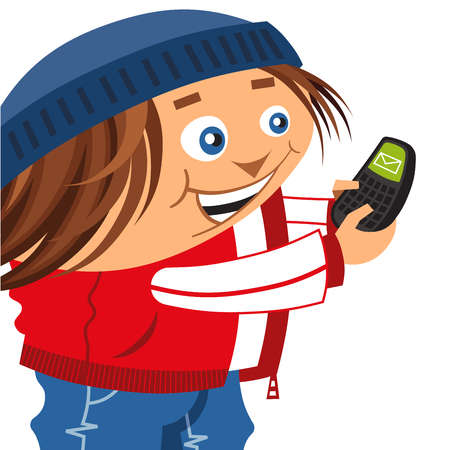 Illustration Of A Young Boy Text Messaging Using His Cellular Phone