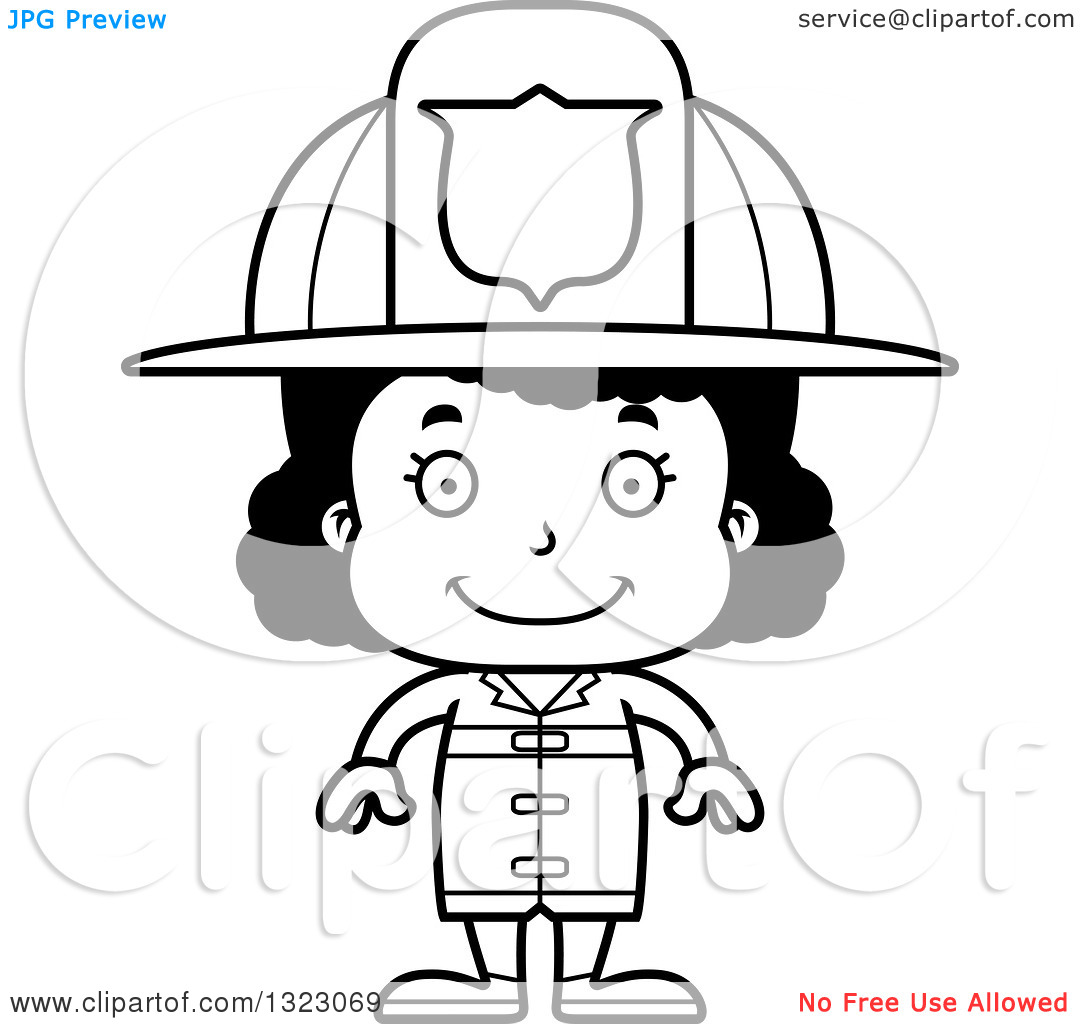 Lineart Clipart Of A Cartoon Happy Black Girl Firefighter   Royalty