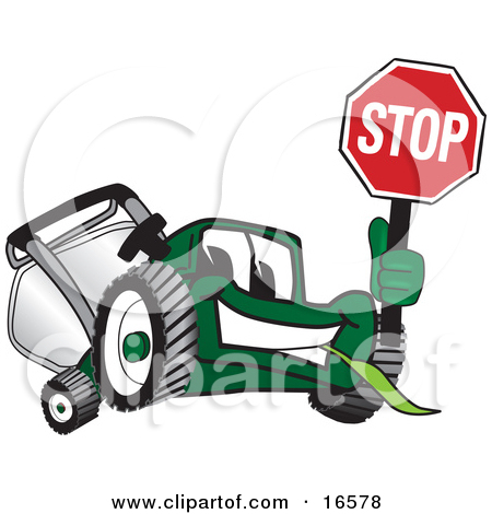 Green Lawn Mower Mascot Cartoon Character Holding Up A Stop    