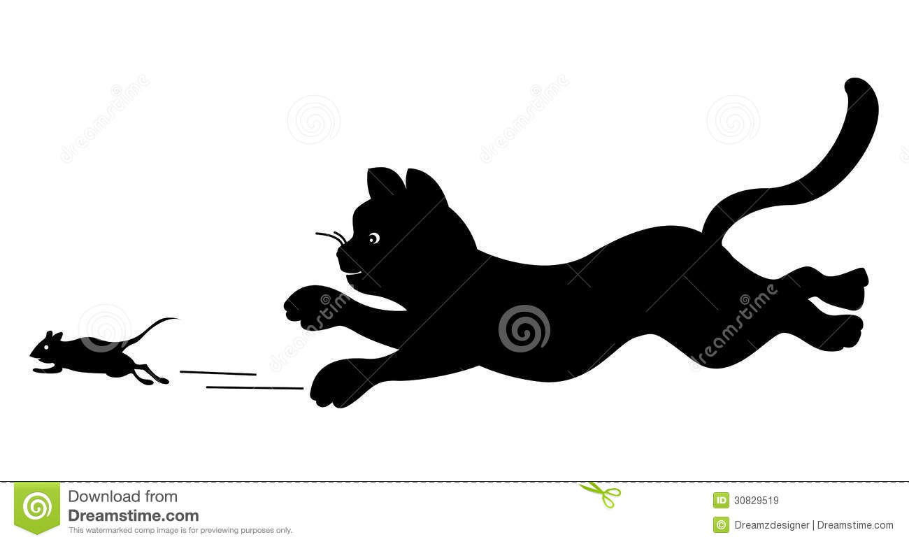 Illustration Of A Silhouetted Cat Chasing A Mouse Isolated On A White
